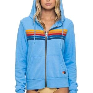 Aviator Nation Light Blue Zip Up Hoodie with Multicolor Stripes